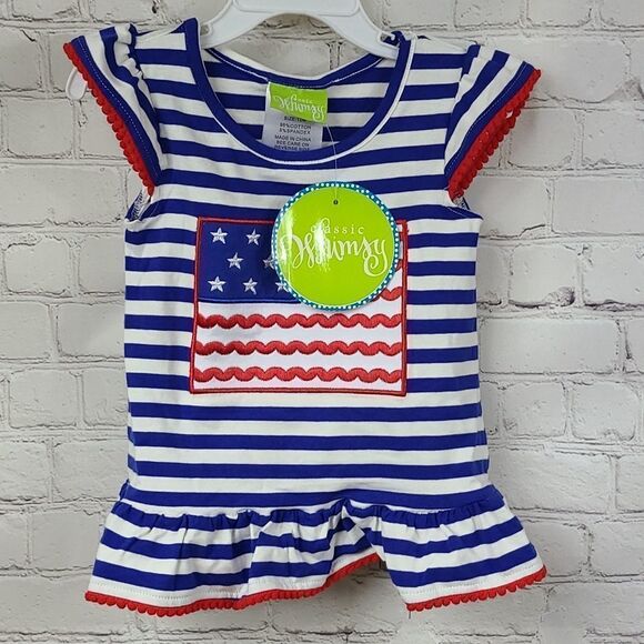 Baby Girl American Flag Appliqué Striped Pom Ruffle Flutter Sleeve Dress 12M NWT - Picture 1 of 6